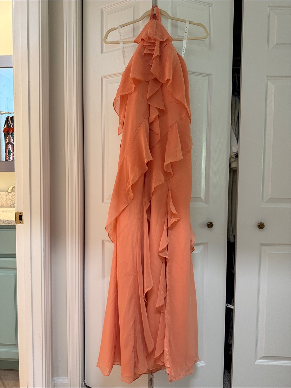Azazie Coral Ruffled Halter Evening Dress